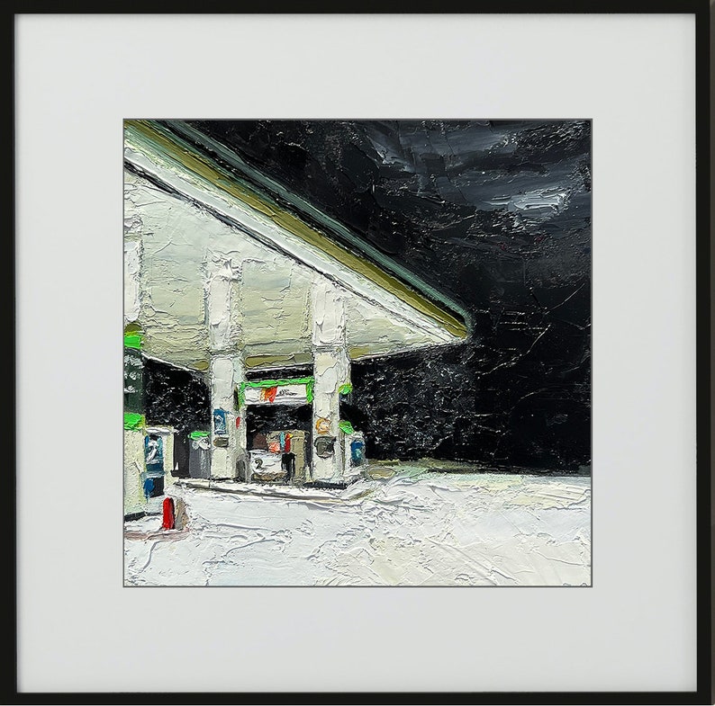 May include: A painting of a petrol station at night, with a white canopy and green accents. The petrol station is empty, with snow on the ground.