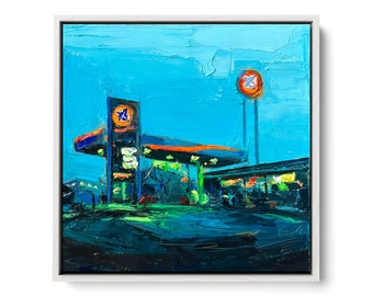 Retro Gas Station Art Print: Palette Knife Oil Painting on Paper