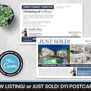 Real Estate Marketing Postcards | Just Sold | New Listing | Call To Action | Farming | Editable Canva Templates for both 8.5 x 5.5 and 6 x 4