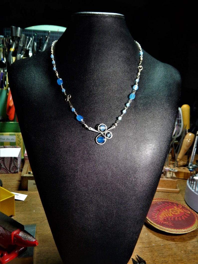 19 inches long artisan forged silver /'cloud/' with wire wrapped chalcedony necklace Cloud and Rain