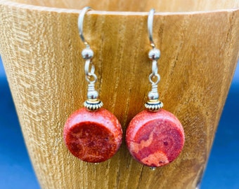 Apple Coral Earrings, Coral Earrings, Red Coral Earrings, Red Gemstone Earrings, Gemstone Earrings, Coral Disc Earrings, Gift for Her