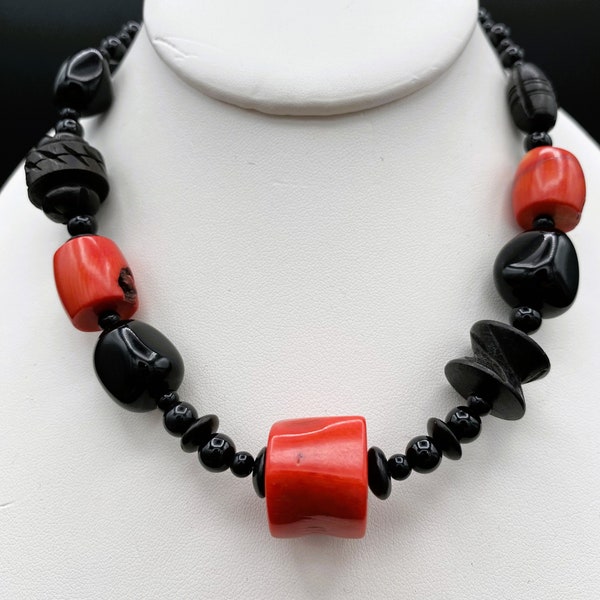 Coral Necklace, Cinnabar Necklace, Onyx Necklace, Gemstone Necklace, Red Gemstone Necklace, Black Gemstone Necklace, Gift for Her