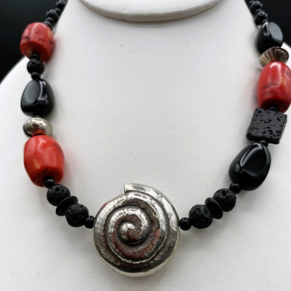 Onyx Necklace, Seashell Necklace, Coral Necklace, Black Cinnabar Necklace, Red and Black Necklace, Island Necklace, Ocean Necklace