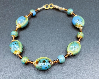 Chinese Ceramic Bracelet, Blue Ceramic Bracelet, Blue Oval Bracelet, Ceramic Bracelet, Gift for Her, Gift for Him, Blue and Brown Bracelet
