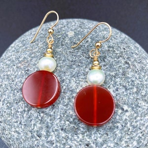 Carnelian Earrings, Pearl Earrings, Carnelian and Pearl Earrings, Birthstone Earrings, Red Gem Earrings, White Gem Earrings, Gift for Her
