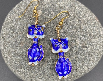 Cat Earrings, Cloisonne Cat Earrings, Blue Cloisonne Cat Earrings, Animal Earrings, Gift for Her, Mother's Day, Boho Earrings, Blue Earrings