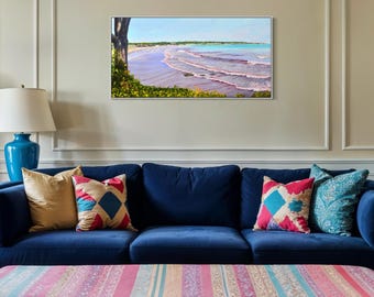 Easton's Beach Oil Painting: Newport Rhode Island Seascape, Framed Art (24x48)