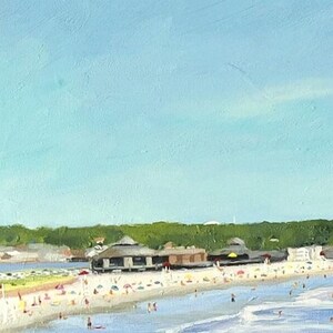 Painting of First Beach in Newport RI with Maroon and purple water with waves and blue green water in the distance and buildings along the shore line in the distance. A tree and greenery are in the foreground.