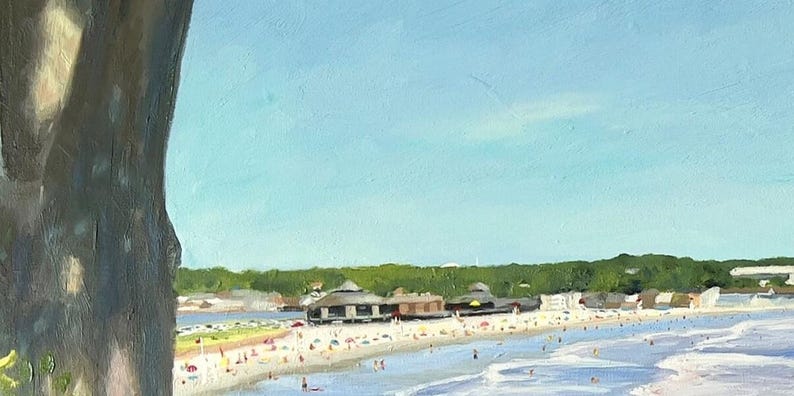 Painting of First Beach in Newport RI with Maroon and purple water with waves and blue green water in the distance and buildings along the shore line in the distance. A tree and greenery are in the foreground.