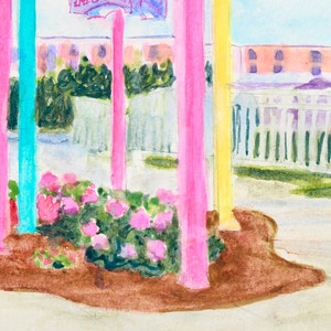 May include: A watercolor painting of a colorful scene with pink, yellow, and blue poles in front of a white picket fence. The poles are in front of a bed of pink flowers and a building in the background.