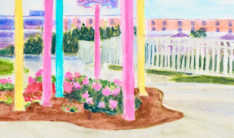 May include: A watercolor painting of a colorful scene with pink, yellow, and blue poles in front of a white picket fence. The poles are in front of a bed of pink flowers and a building in the background.