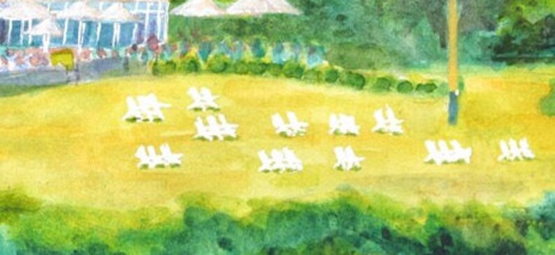 Front lawn with white Adirondack chairs scattered across the lawn with white patio umbrellas in the back.