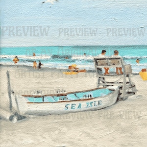 Sea Isle City NJ print hand signed frameable Beach Patrol print lifeguard stand with Sea Isle beach patrol boat