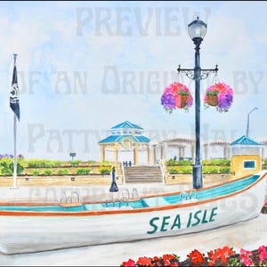 Sea Isle City New Jersey print with Gazebo, flags, beach patrol boat, Lamp post