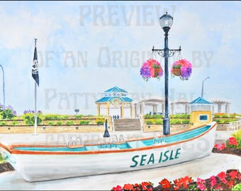 Sea Isle City New Jersey print with Gazebo, flags, beach patrol boat, Lamp post