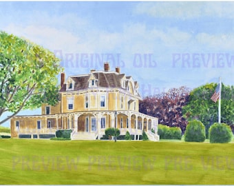 May include: Watercolor painting of a large, yellow house with a wraparound porch, set on a green lawn. The house has a brown roof and is surrounded by trees. An American flag flies in the distance under a blue sky.