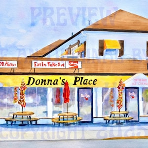 Donna&#39;s Place Stone Harbor hand signed frameable print New Jersey Stone Harbor Restaurant on Third Avenue of an original watercolor painting