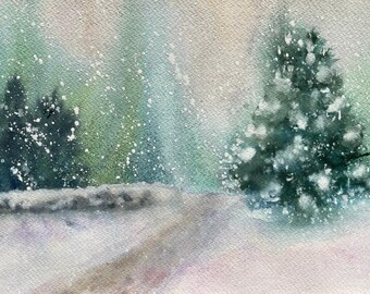 Original Watercolor Snowy Woodland Path: Winter Pine Tree Painting (7x10)