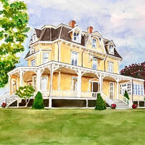 May include: Watercolor painting of a large, yellow Victorian house with a wraparound porch. The house has a dark roof and multiple windows. Green trees and a grassy lawn surround the house, with a blue sky in the background.