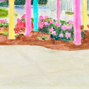 May include: A watercolor painting of a garden scene with pink and yellow painted poles and pink flowers. The poles are in a bed of brown mulch and the flowers are in a bed of green grass.