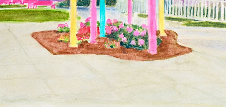 May include: A watercolor painting of a garden scene with pink and yellow painted poles and pink flowers. The poles are in a bed of brown mulch and the flowers are in a bed of green grass.