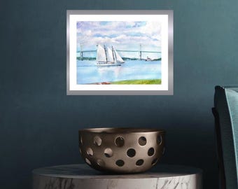 Newport Bridge  and Schooner Original Watercolor  and Rose Island Lighthouse Wall Art