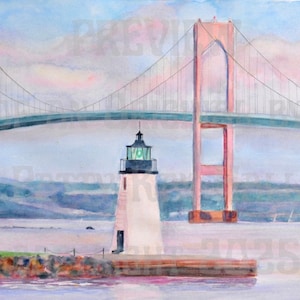 Impresión del puente de Newport y puesta de sol en el faro de Goat Island, Newport, Rhode Island