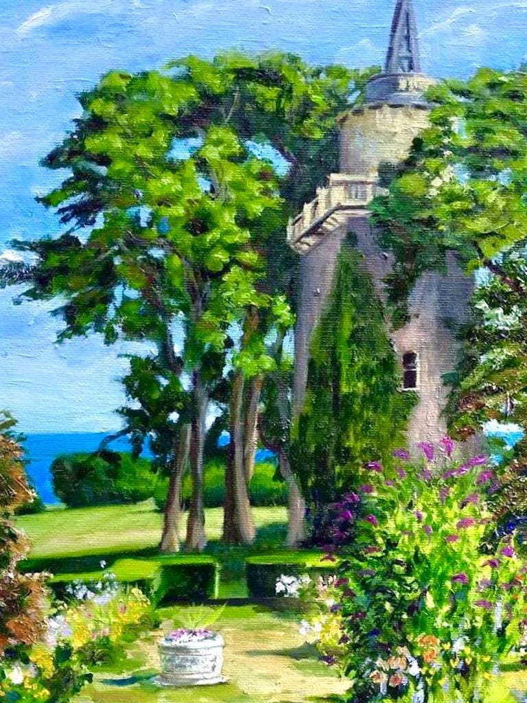 Harkness Memorial Park Water Tower and Carriage House Garden hand signed print of an original plein air oil painting Waterford Connecticut