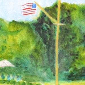 Detail view of the Castle Hill Inn flag pole with American flag waving and white Adirondack Chairs on the lawn.