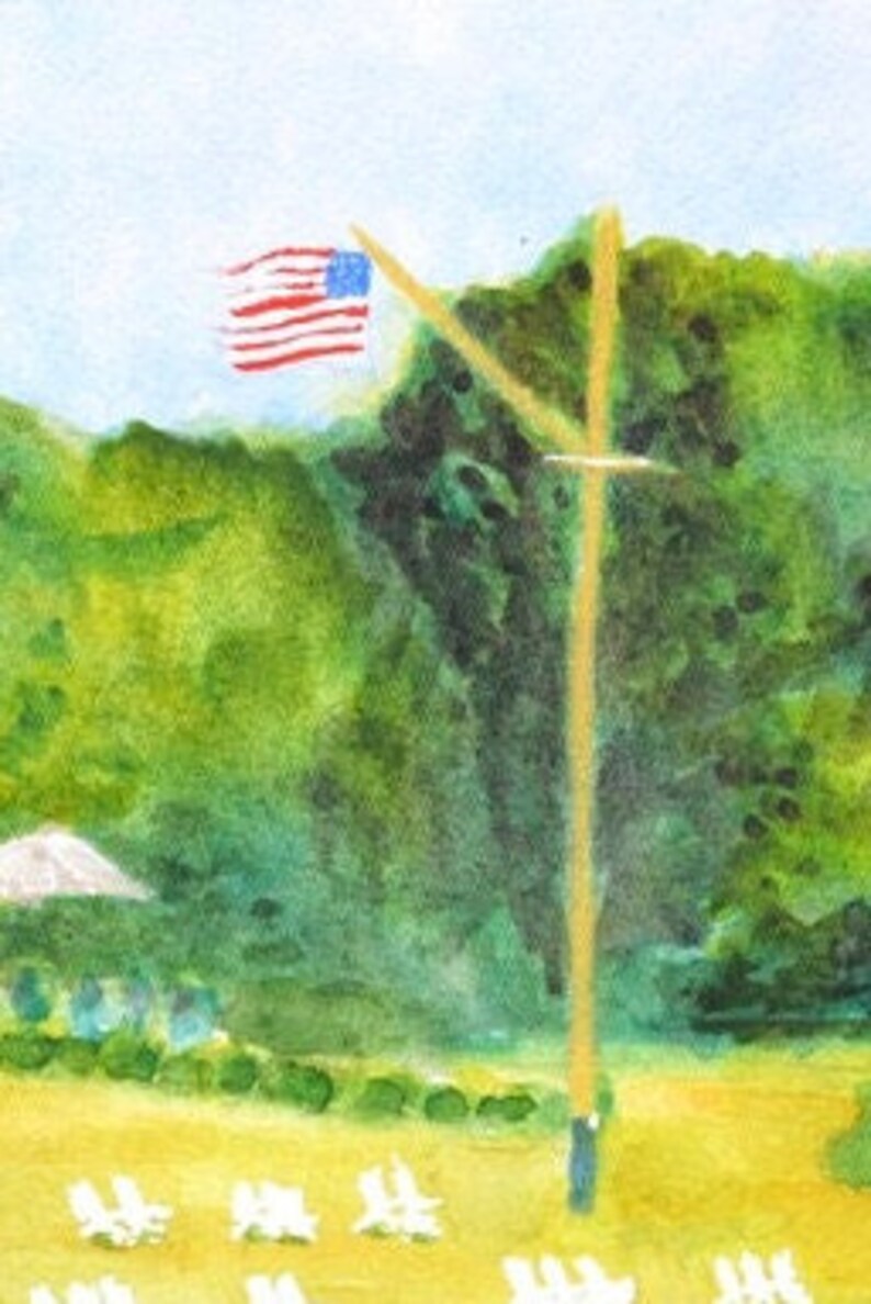 Detail view of the Castle Hill Inn flag pole with American flag waving and white Adirondack Chairs on the lawn.
