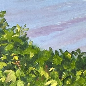 May include: A painting of a lush green forest with a purple and blue sky in the background. The forest is in the foreground and the sky is in the background.