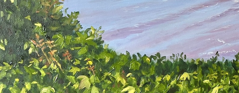 May include: A painting of a lush green forest with a purple and blue sky in the background. The forest is in the foreground and the sky is in the background.