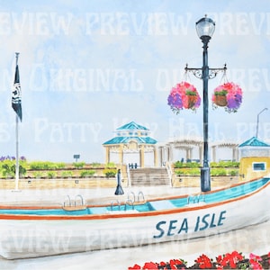 Sea Isle City NJ original watercolor 12x18 painting with Gazebo, flags, beach patrol boat