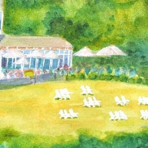 Detail image of the front lawn of the Castle Hill Inn against a backdrop of outdoor cafe umbrellas and the oval restaurant windows.