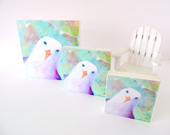 Whimsical Seagull Art Print on White Wood Block