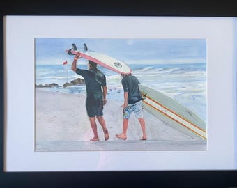 Surf Lesson, 12x18 Original Watercolor Painting unframed, surfing painting, surfers, coastal decor