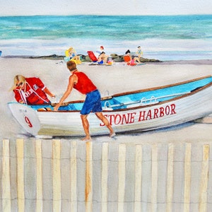Stone Harbor Beach Patrol print hand signed frameable of lifeguards pulling in boat