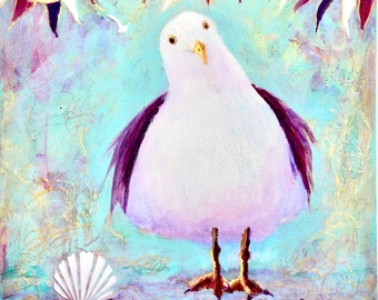 Funny Seagull art print of Betty the Seagull with her seashell