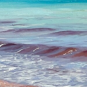 detail of a painting of water with maroon seawood in the waves and light blue greens in the distance