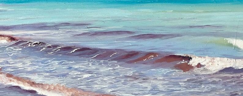 detail of a painting of water with maroon seawood in the waves and light blue greens in the distance
