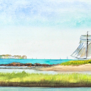 May include: A watercolor painting of a sailboat with white sails docked on a sandy beach with green grass in the foreground. A red brick building with a white roof is visible in the distance across the water.