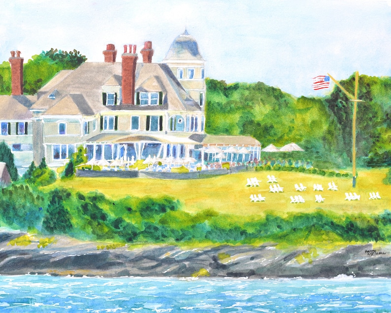 Print of an original watercolor of Castle Hill Inn with an American flag flying. View is from Narragansett Bay looking up at the Inn and its huge expansive lawn and white Adirondack chairs dotting the lawn.