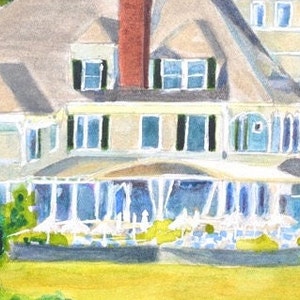 Detail view of the West side of the Castle Hill Inn in Newport Rhode Island featuring outdoor cafe.