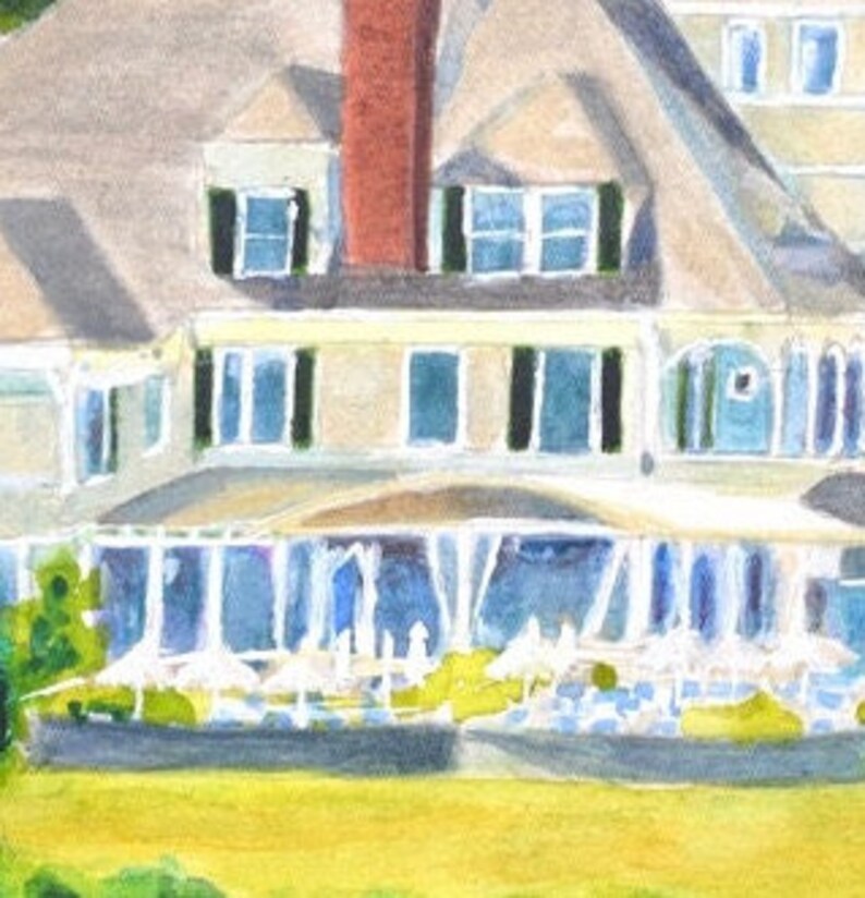 Detail view of the West side of the Castle Hill Inn in Newport Rhode Island featuring outdoor cafe.