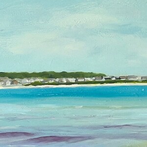 detail of a painting of water in green blues and lavenders with houses in the far distance