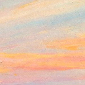 May include: A painting of a pastel pink, orange, and blue sunset sky. The sky is painted with soft, brushstrokes, creating a dreamy and ethereal effect.