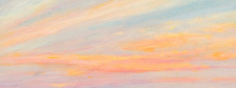May include: A painting of a pastel pink, orange, and blue sunset sky. The sky is painted with soft, brushstrokes, creating a dreamy and ethereal effect.