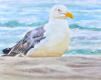 Herring Seagull Resting on the Beach hand signed frameable print