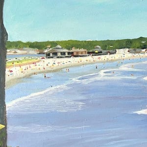 Detail of painting of beach with people on the beach and in the water with buildings in the background