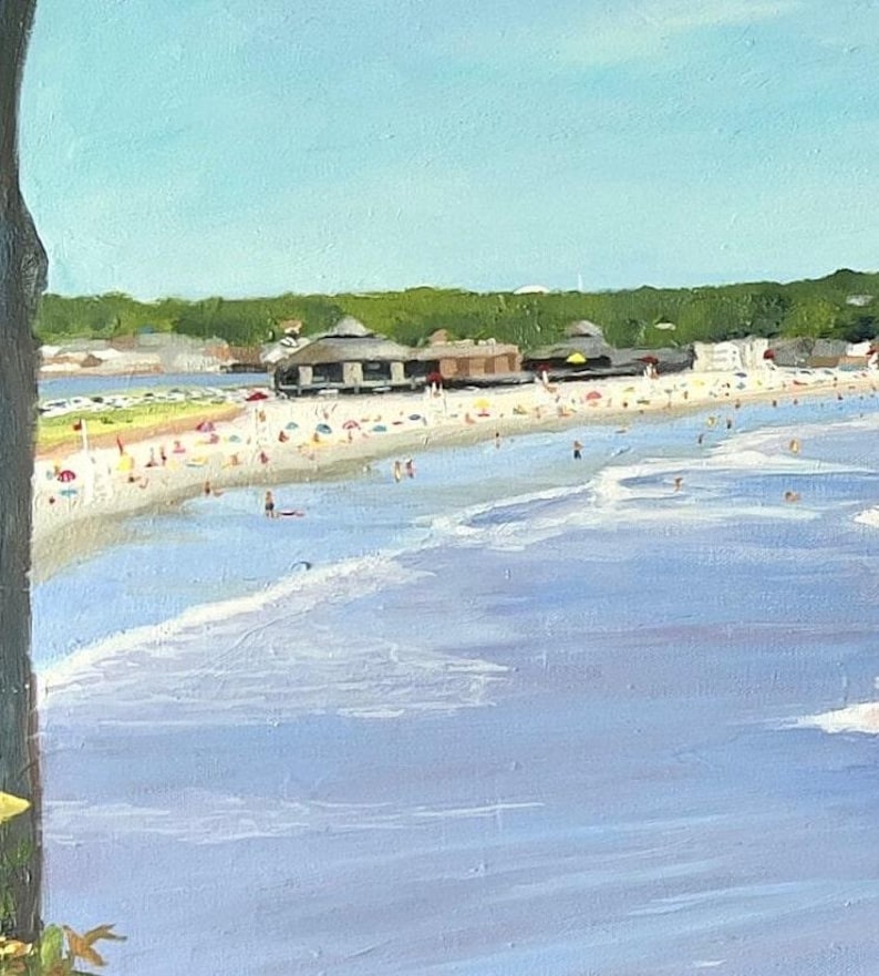 Detail of painting of beach with people on the beach and in the water with buildings in the background